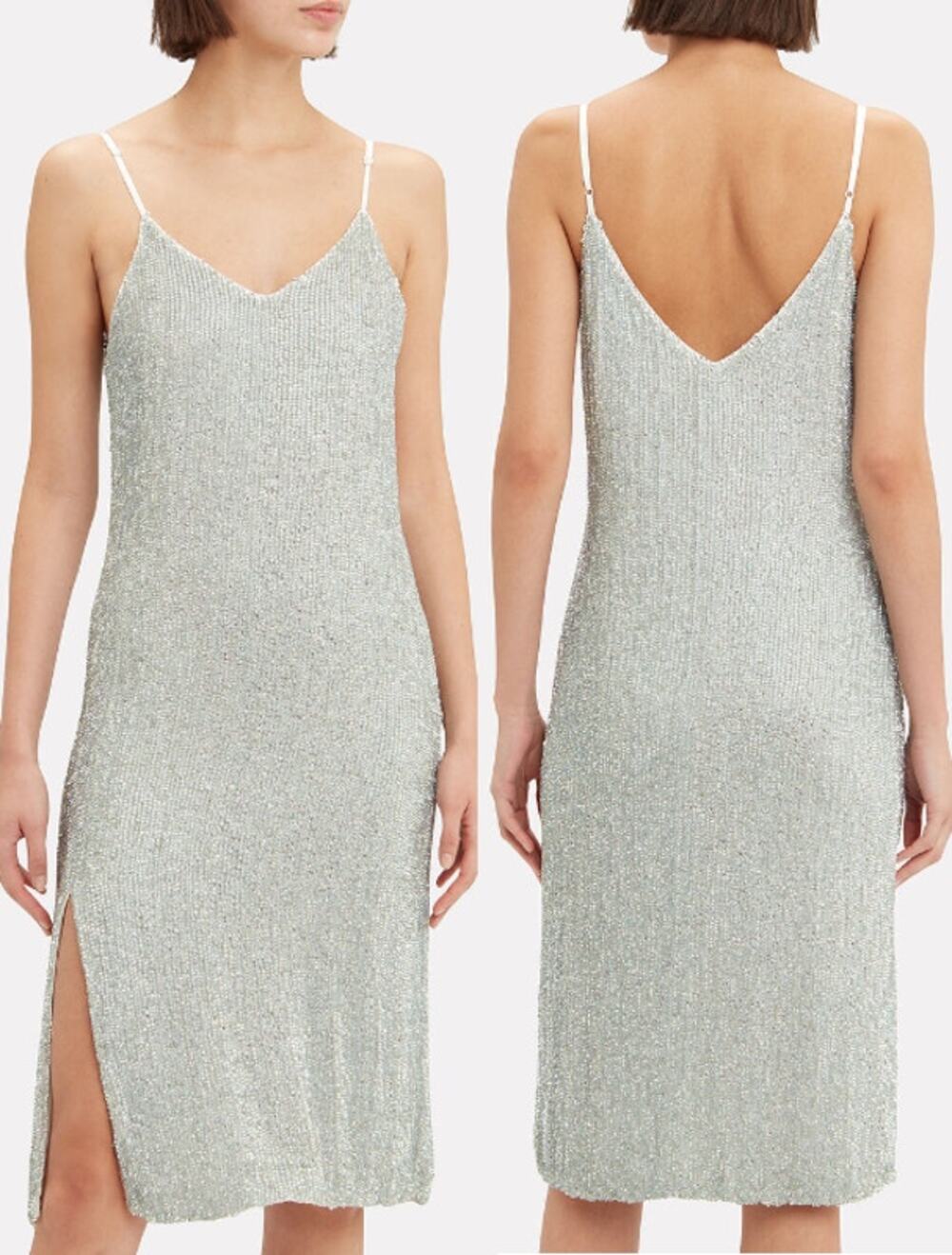 NWT Retrofete Denisa Sleeveless V-Neck Metallic Slip Dress Silver Women's Size M